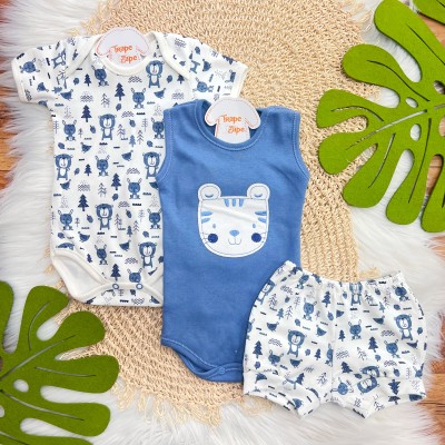 CONJ. DE MALHA 3 PEÇAS - Tigre - Azul Jeans e Off White